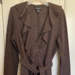 Cynthia Rowley 100% wool brown ruffle cardigan sweater with belt size medium